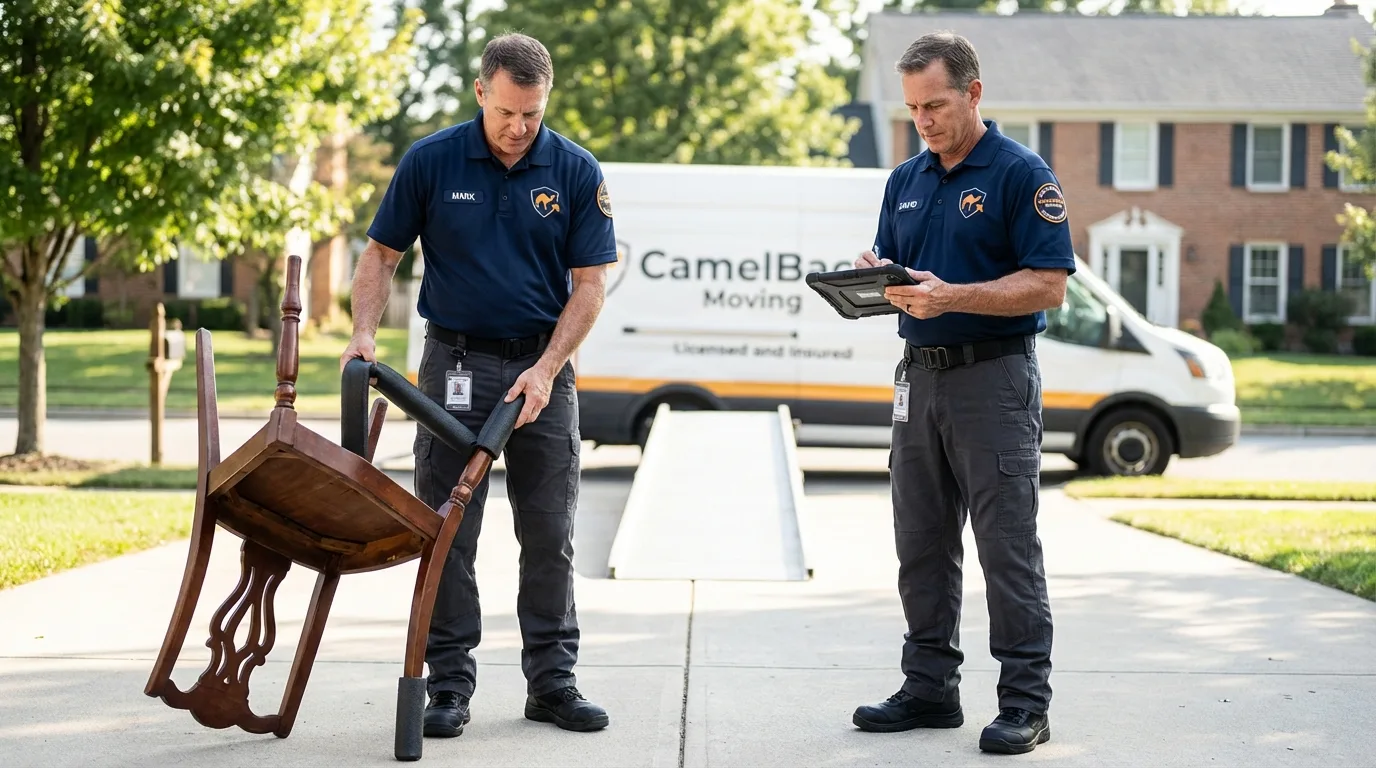 Movers inspecting furniture for damage prevention before loading in Goldendale, WA