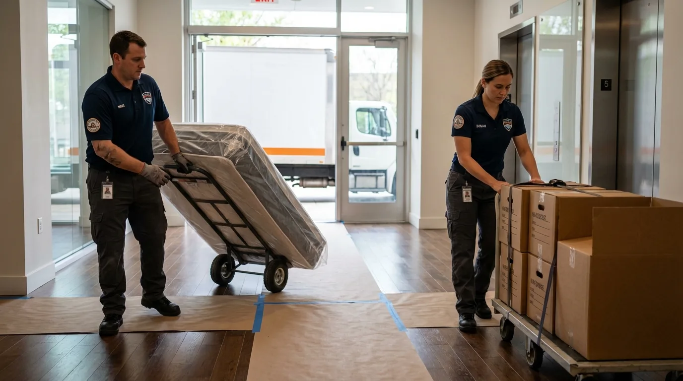 Professional apartment movers loading elevator in Goldendale, WA