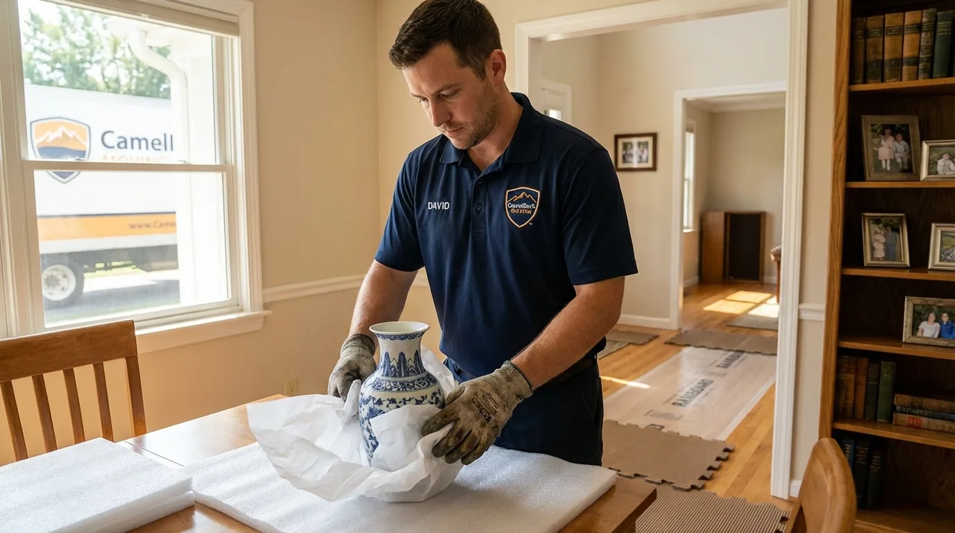 Professional crew carefully wrapping antique vase for senior downsizing move in Goldendale, WA